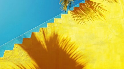 Wall Mural - a yellow wall with blue tiled steps and the shadow of a palm tree.