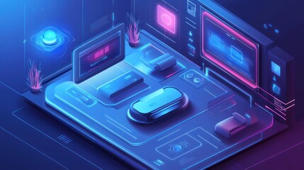 Wall Mural - futuristic isometric illustration of a smart home with digital interfaces and a vr headset.