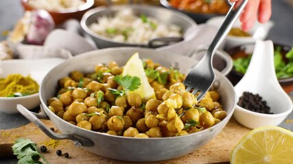 Wall Mural - curry chickpea, indian dhal with curry and coriander, rice, naan bread