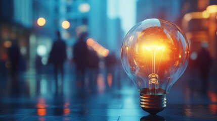 Sticker - a glowing light bulb sits in the foreground of a blurred city street at night.