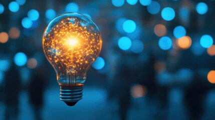 Sticker - a glowing light bulb in front of a blurred city lights background, symbolizing new ideas and innovat