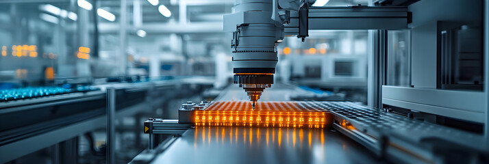 Leinwandbilder - High-tech metallic manufacturing process showcasing advanced robotic automation,precision machinery,and sophisticated engineering in a modern industrial setting. Metalwork technology,metalcraft.