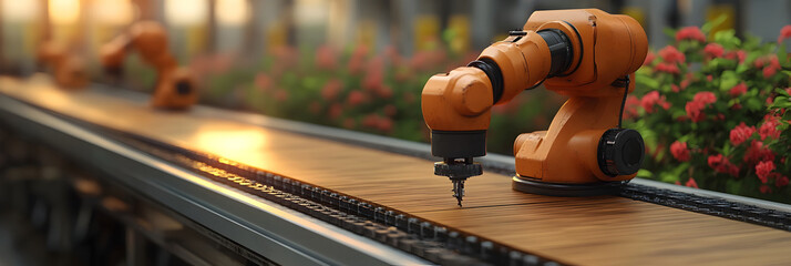 Leinwandbilder - Orange robotic arm performing precise industrial manufacturing process with advanced computer-controlled machinery and equipment in a modern factory setting.