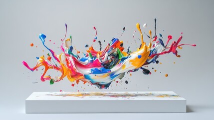 Poster - A vibrant, colorful paint explosion frozen in mid-air, splashing onto a white platform against a clean, light gray backdrop.