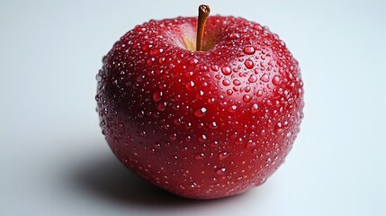 Poster - Vibrant Red Apple with Dew Droplets on Crisp Surface - Freshly Picked Ripe Organic Fruit from Autumn Garden or Orchard