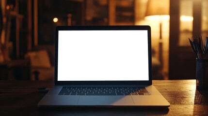 Poster - laptop with blank screen on a wooden desk with warm lighting in the background.