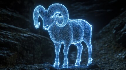 Wall Mural - a digital rendering of a bighorn sheep, made of glowing blue lines, standing on a dark rocky surface