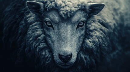 Wall Mural - close-up portrait of a sheep with piercing blue eyes, staring directly at the camera.