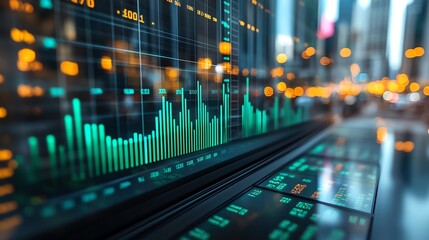 Financial data visualization with graphs and charts on digital display.
