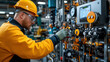 © Worakit - mechanic in yellow safety helmet and gloves adjusts machinery in industrial setting, showcasing precision and focus