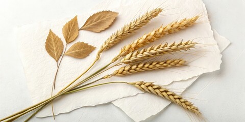 A simple composition of dried wheat stalks and leaves arranged on a textured white background