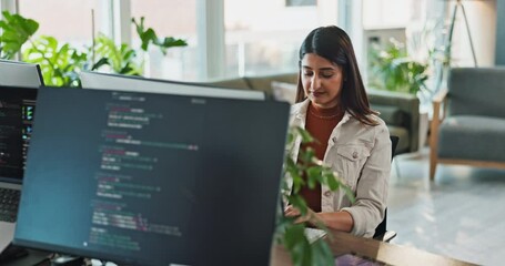 Computer, monitor and business woman coding software for app development in creative startup. Screen, programmer and engineer typing on tech for ui design, reading database and upgrade ai algorithm