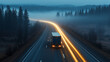 © Chanita - Nighttime truck journey through dense fog headlights casting long beams through misty road forested surroundings soft blue shadows and golden highlights eerie and cinematic scene