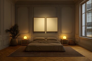 Bedroom interior. Bed. 3d illustration.
