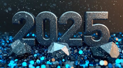 New Year 2025: Large numbers 2025. Black, sliver, blue and glossy shiny materials. The number is made of glitter and glass. Black sequin background. New Year Countdown. Celebration.