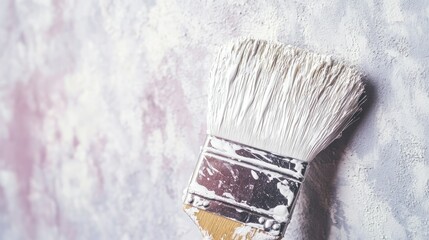 A close-up of a white paintbrush resting on a bucket of white paint, showing painting projects in progress with a background of a freshly painted wall.