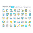 © bsd studio - Mobile device management RGB color icons set. Data control, technology. Cybersecurity software, system. Isolated vector illustrations. Simple filled line drawings collection. Editable stroke