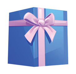 Wall Mural - Blue gift box with pink ribbon and bow. Vector cartoon illustration