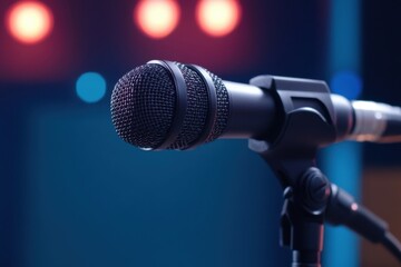 Microphone on stage awaiting performer with blurred lights in background