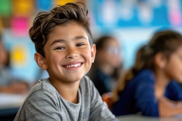 Smiling Young Boy in Classroom.