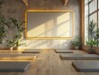 © Pravinrus - Modern concrete yoga gym interior with equipment, empty billboard on wall, daylight and wooden flooring. Healthy lifestyle concept. Mock up