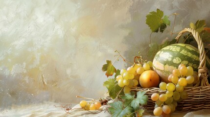 Copy space adorned with a basket of ripe grapes and melons, inviting viewers to savor the sweetness of the season