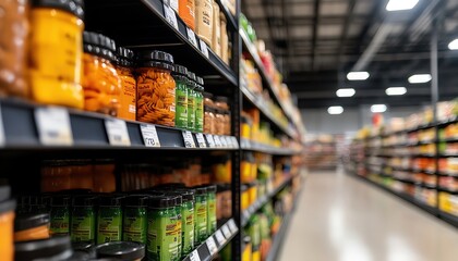 Supermarket shelves stocked with pantry staples and household items, wellorganized, grocery aisles, stocked supermarket shelves