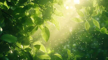 Wall Mural - green leaves with sun rays shining through. perfect for nature, spring, or environmental themes.