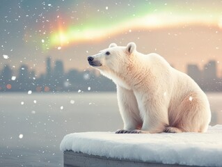 Polar bear sitting on snow with northern lights in the background.