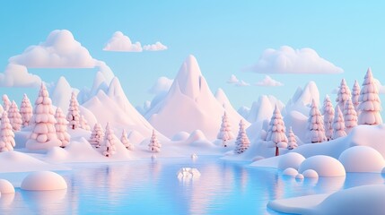 A serene winter landscape with snowy mountains, trees, and a calm lake under a clear blue sky.