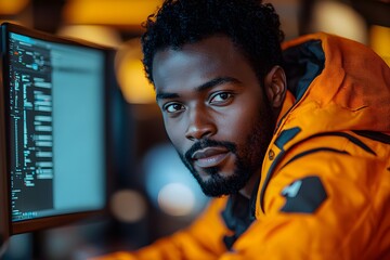 Focused software developer in vibrant orange jacket working on code at night