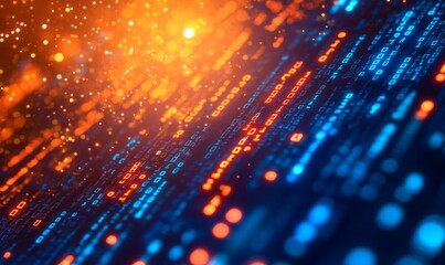 Vibrant digital background with glowing binary code in orange and blue, perfect for technology and data visualization themes.