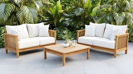 A stylish outdoor seating arrangement featuring two sofas and a coffee table, surrounded by lush greenery.