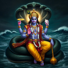 divine illustration of lord vishnu seated on the serpent sheshnag in the cosmic ocean, symbolizing p