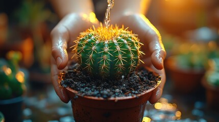 Teen hands nurturing a potted cactus, showcasing vibrant soil textures, cozy indoor ambiance, gentle warm lighting enveloping the scene