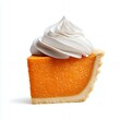 © sandi - A slice of pumpkin pie topped with whipped cream, isolated on a white background.