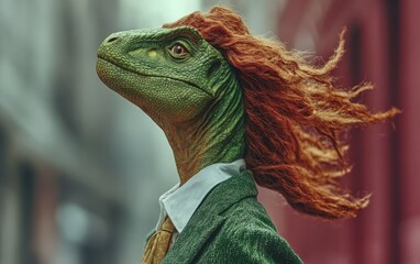 A captivating photorealistic image of an anthropomorphic dinosaur adorned in a bright green and yellow suit with a white shirt and tie