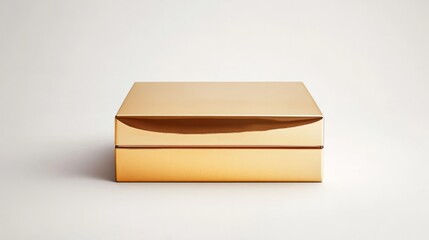 A metallic gold box with sharp, reflective surfaces, placed symmetrically on a plain white background