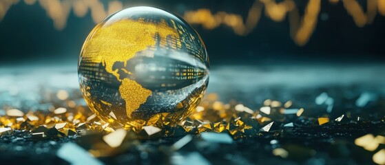 Canvas Print - A reflective globe sits among golden shards, symbolizing global connections and modern technology amidst vibrant market trends.