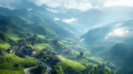 a beautiful mountain village, seen from above, with rice fields and curving roads,