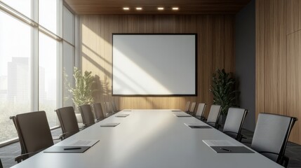 A minimalist empty whiteboard with no markings, set in a modern conference space