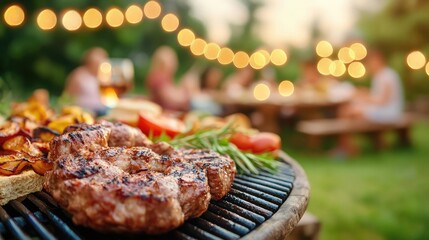 Grilled meat on barbecue with friends dining in background, warm outdoor atmosphere.