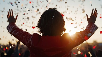 Person celebrating with hands raised, surrounded by confetti at sunset.