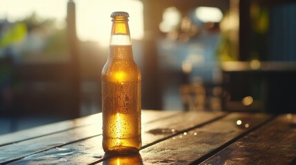 A cold beer bottle with fresh condensation droplets on the glass,