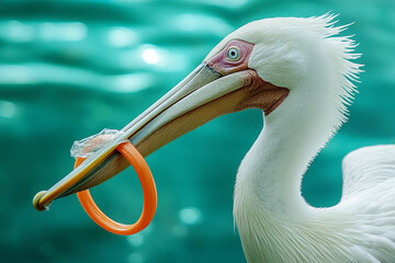 a pelican struggling to fly with a plastic ring stuck around its beak