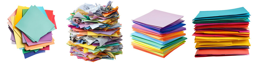 1 - Set of a pile of colorful papers and documents, arranged in a messy stack with vibrant hues, isolated on transparent background.