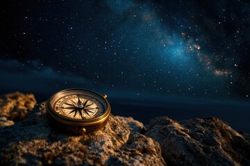 A compass set against a starry night sky, symbolizing guidance, destiny, and the timeless human quest for meaning and direction in the vastness of the universe, highlighting the beauty of navigation