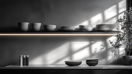 Monochrome kitchen corner with soft track lighting casting a gentle glow on black and white dishes and bowls, minimalist shelving, and a refined, modern layout with balanced contrast. --ar 16:9