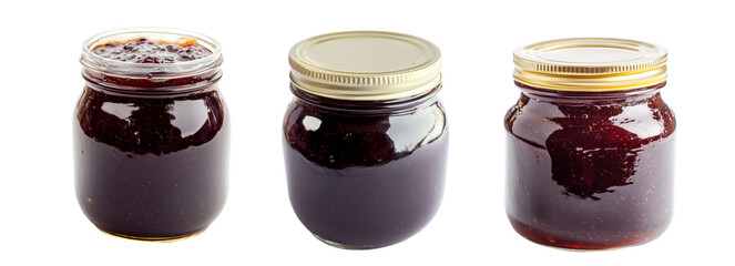 Wall Mural - Closeup of jar of grape jam isolated on white transparent background. Concept of homemade preserves and fruit