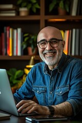 Wall Mural - A man smiles while working on his laptop. AI.